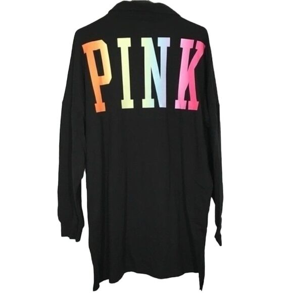 NWT VICTORIA'S SECRET PINK LOGO BLACK RAINBOW VARSITY POLO T-SHIRT DRESS MEDIUM - Picture 7 of 11